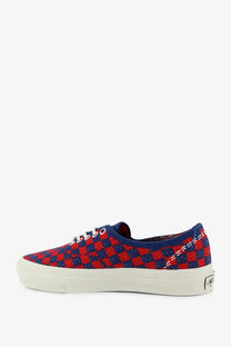 Vans womens lx authentic fabric sneakers in red and navy blue checkered pattern with white laces and cream sole
