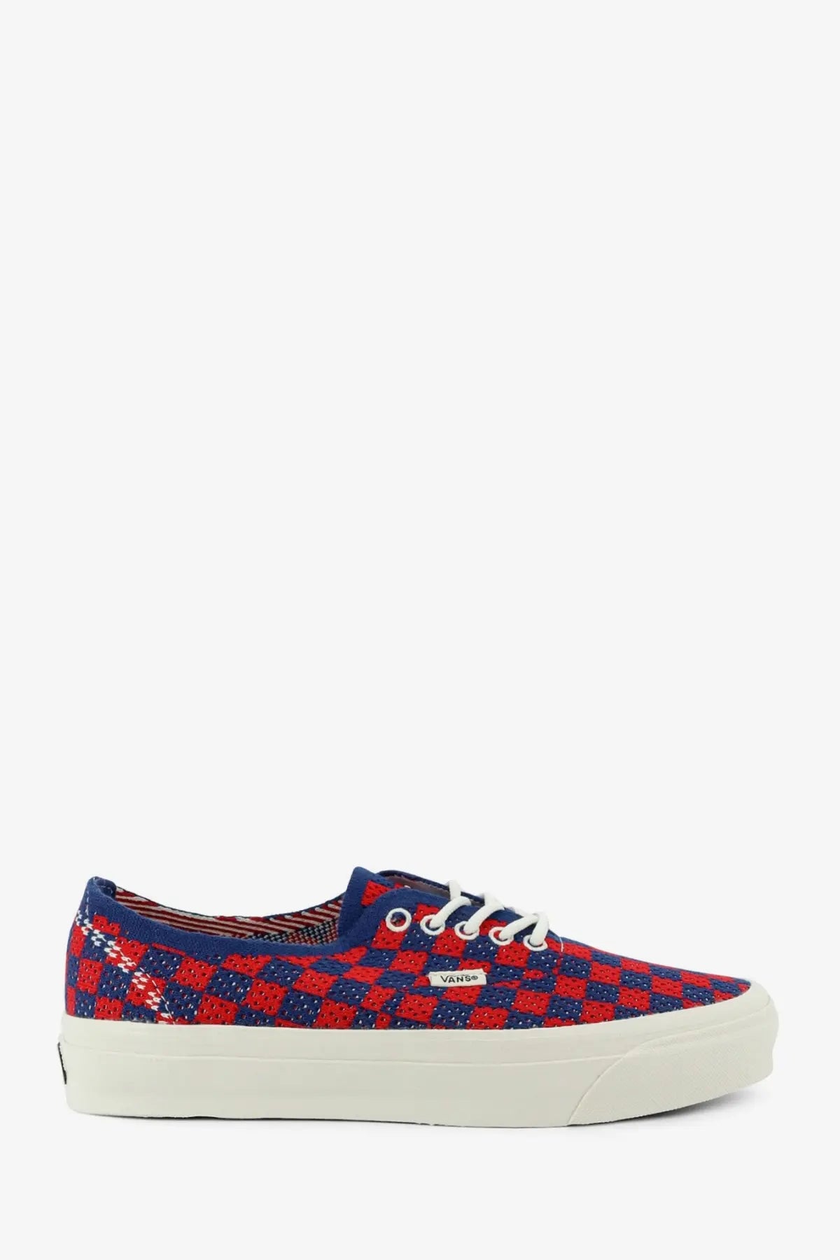Vans women’s lx authentic fabric sneakers in red and navy blue checkered pattern with white laces and cream sole
