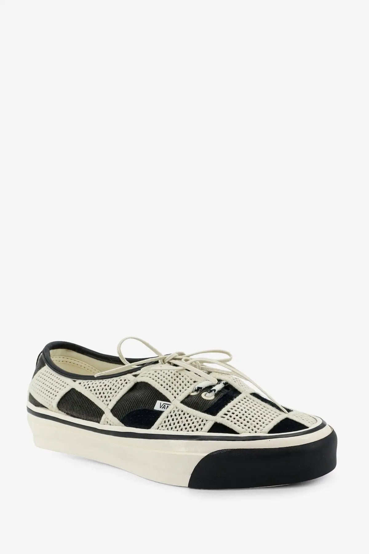 Black and off-white perforated mesh Vans women’s lx Authentic sneaker with chunky rubber sole front view