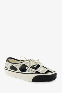 Black and off-white perforated mesh Vans women’s lx Authentic sneaker with chunky rubber sole front view