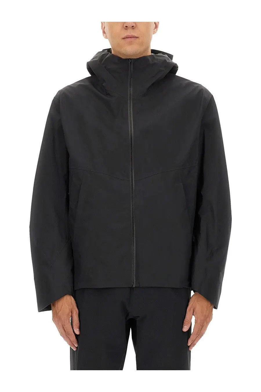 Veilance men’s arris jacket black hooded with sleek minimalist design and subtle seam detailing in technical fabric