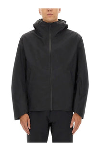 Veilance men’s arris jacket black hooded with sleek minimalist design and subtle seam detailing in technical fabric