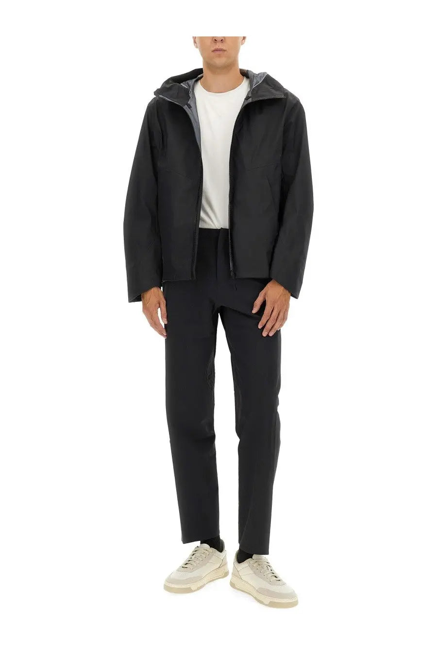 Veilance men’s arris jacket black hooded with sleek modern design and subtle gray lining in lightweight fabric
