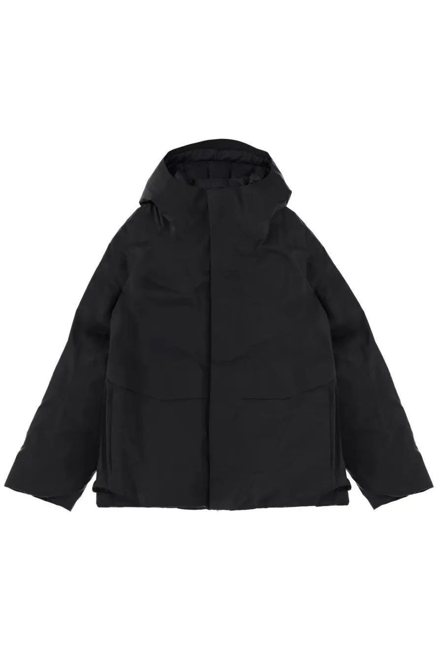Veilance men’s sorin black hooded puffer jacket with sleek minimalist design and subtle stitching details