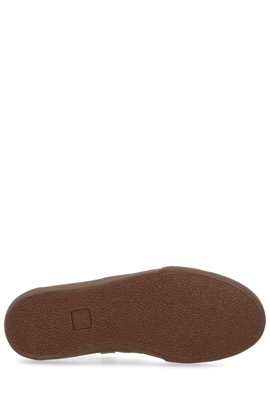 Brown rubber sole with textured grip and small square logo near heel of veja men’s volley sneaker multicolor back side