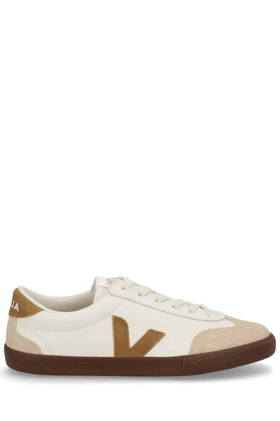 Veja men’s volley sneaker multicolor cream canvas with tan suede accents and brown rubber sole featuring Vans logo