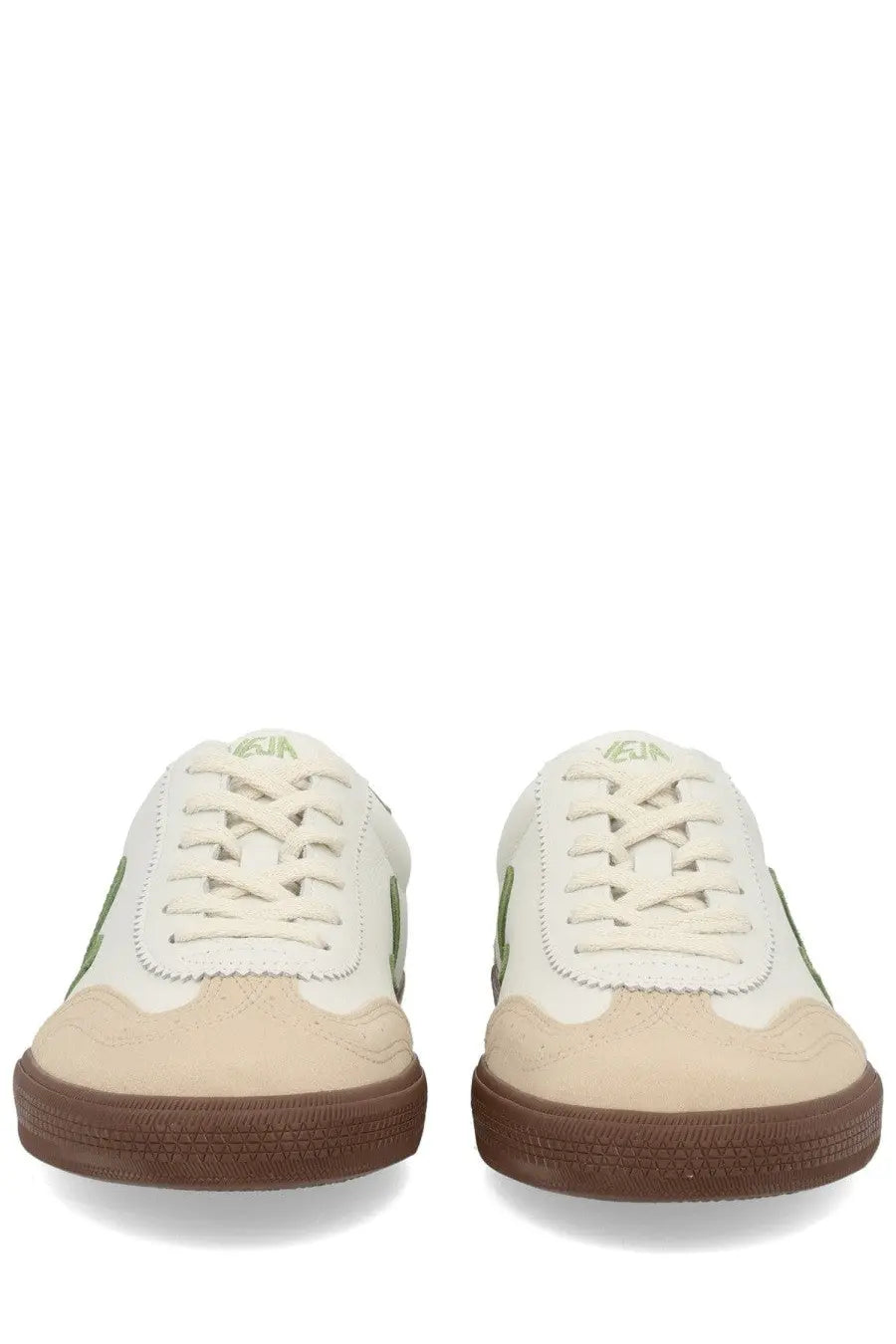 Veja men’s volley sneaker multicolor cream suede and leather low top with olive green accents and brown rubber sole