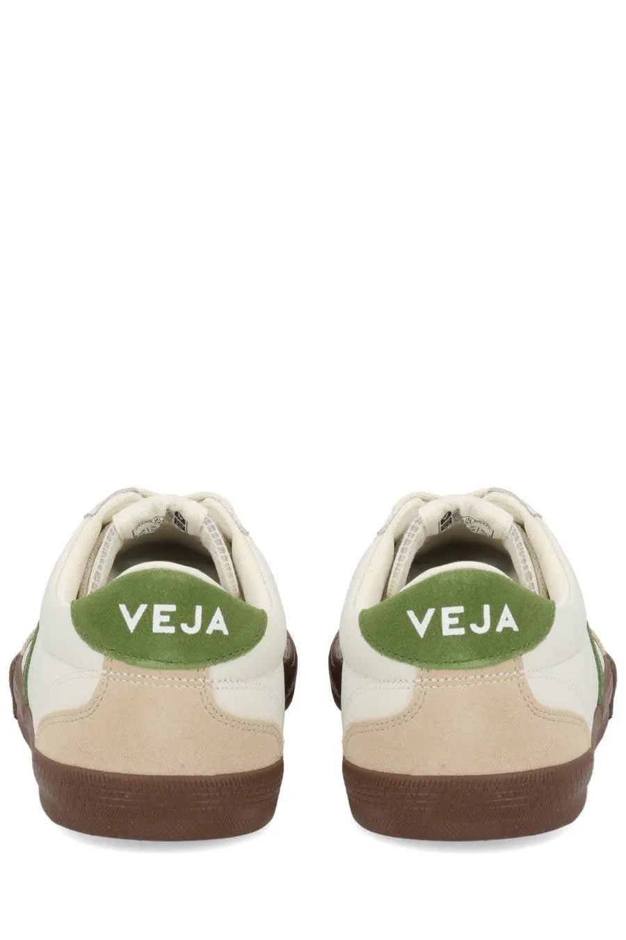 Veja men’s volley sneaker in white and beige with green suede heel tabs featuring the brand name at the back