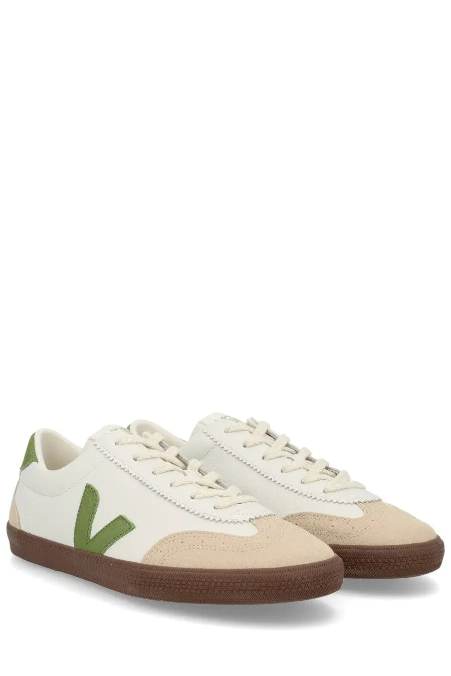 Veja men’s volley sneaker multicolor featuring white and beige suede with a green v logo and brown rubber soles