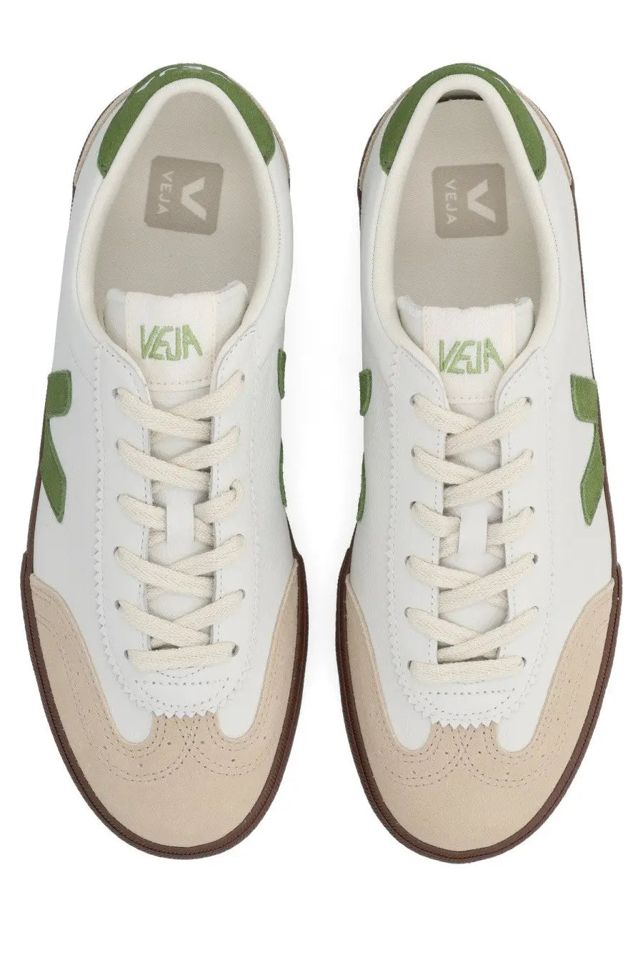 Veja men’s volley sneaker multicolor in white and olive green with beige rubber toe caps and brown soles