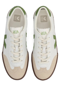 Veja men’s volley sneaker multicolor in white and olive green with beige rubber toe caps and brown soles