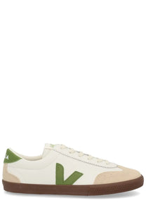 Veja men’s volley sneaker low-top vegan leather in white and olive green with brown rubber sole