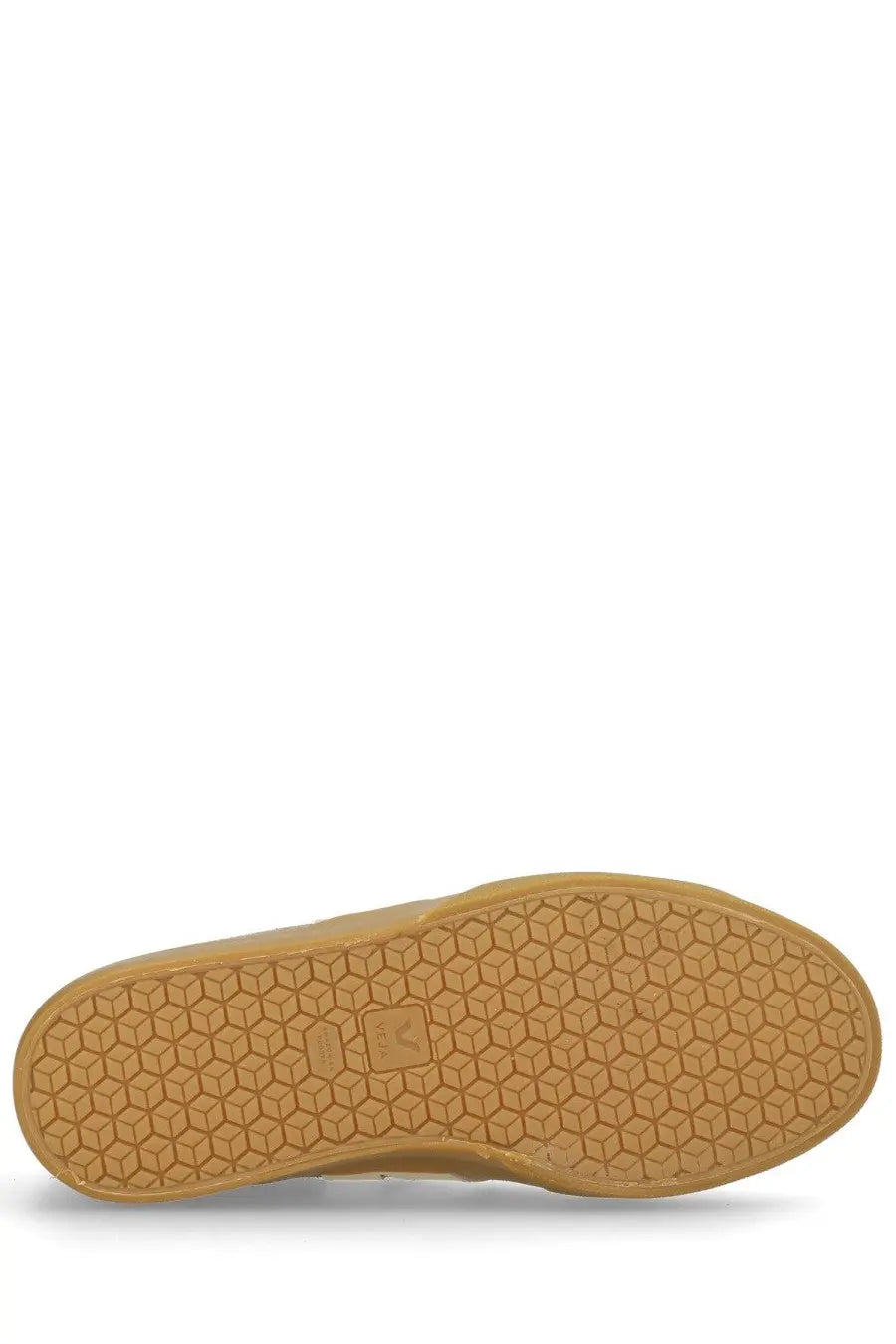 Tan rubber sole with hexagonal tread and small logo near the heel of veja unisex sneaker campo grey back side