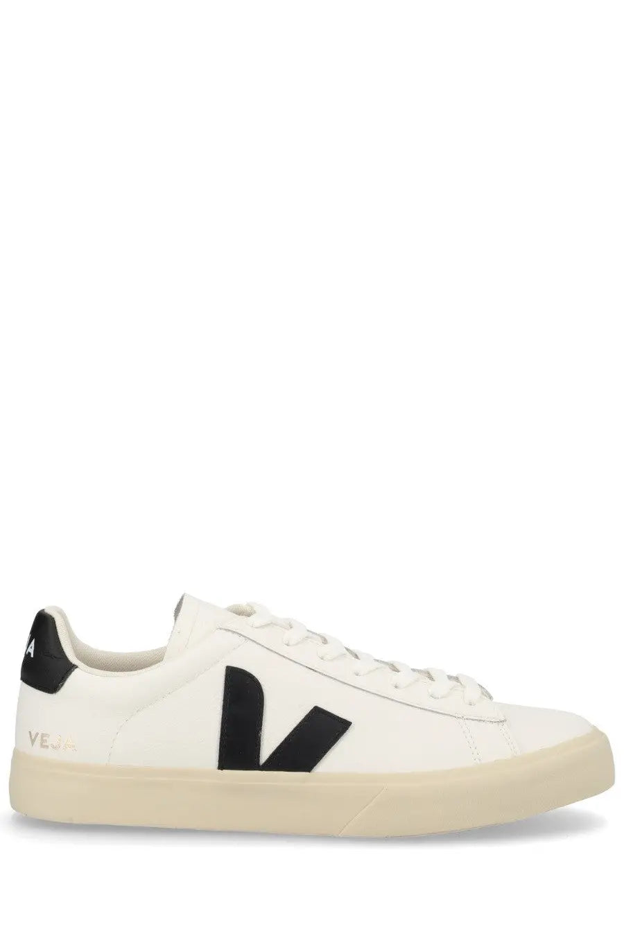 Veja unisex sneaker campo white white leather with bold black v logo and matching black heel tab on cream rubber sole