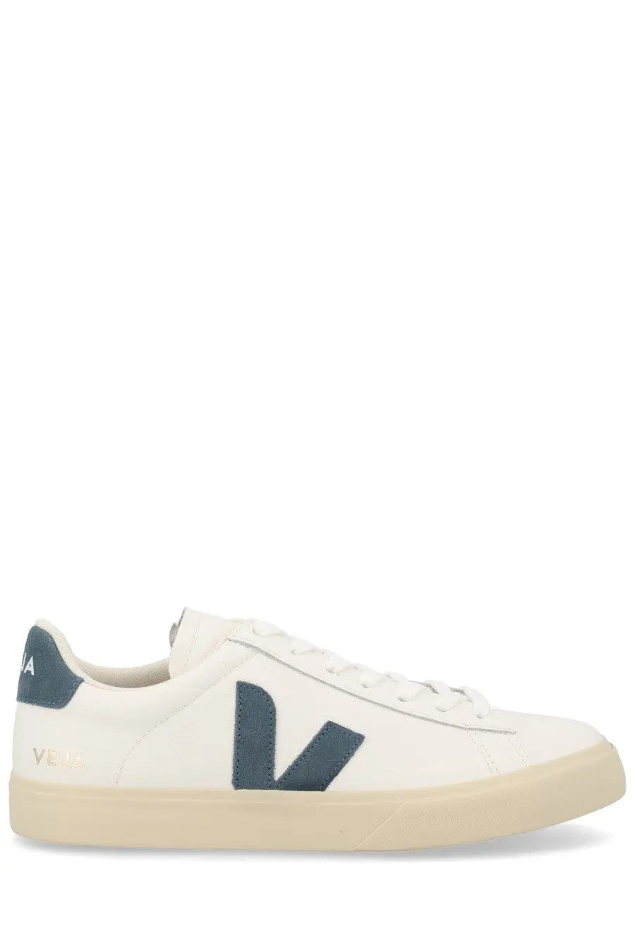 Veja unisex sneaker campo white low-top white leather with navy logo and heel tab and beige rubber sole