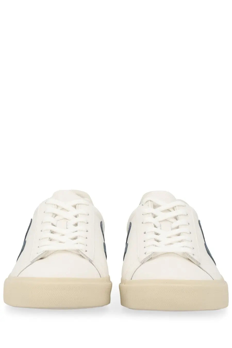 Veja unisex sneaker campo white with white leather, black side stripes, and beige rubber sole in front view