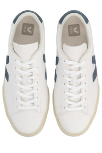 Veja unisex sneaker campo white is a white leather sneaker with navy blue accents and beige rubber sole