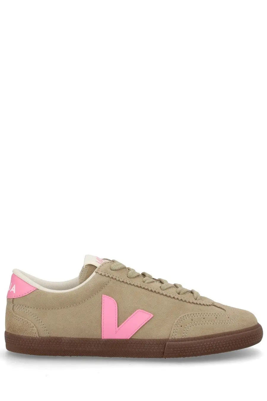 Veja unisex sneaker volley beige with beige suede, bold pink v logo, pink heel tab, and brown rubber sole
