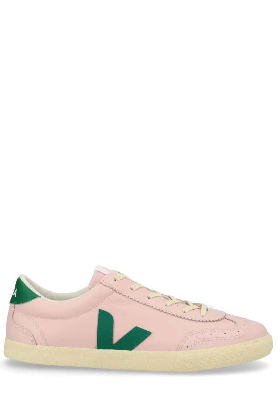Veja unisex sneaker volley blue featuring pink leather low-top design with bold green v logo and cream laces and sole