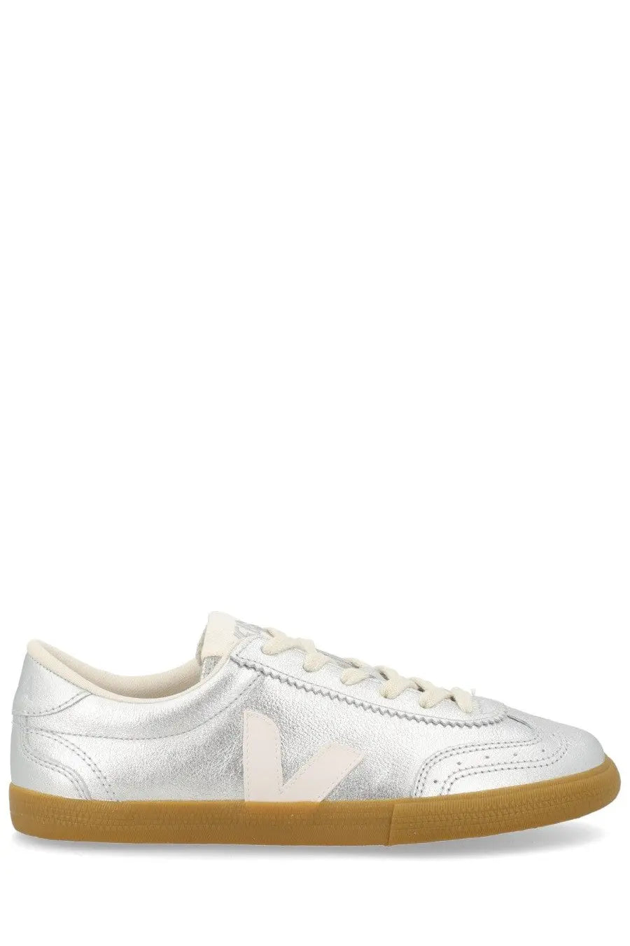 Veja unisex sneaker volley silver low-top made of silver metallic leather with cream v-shaped logo and gum rubber sole