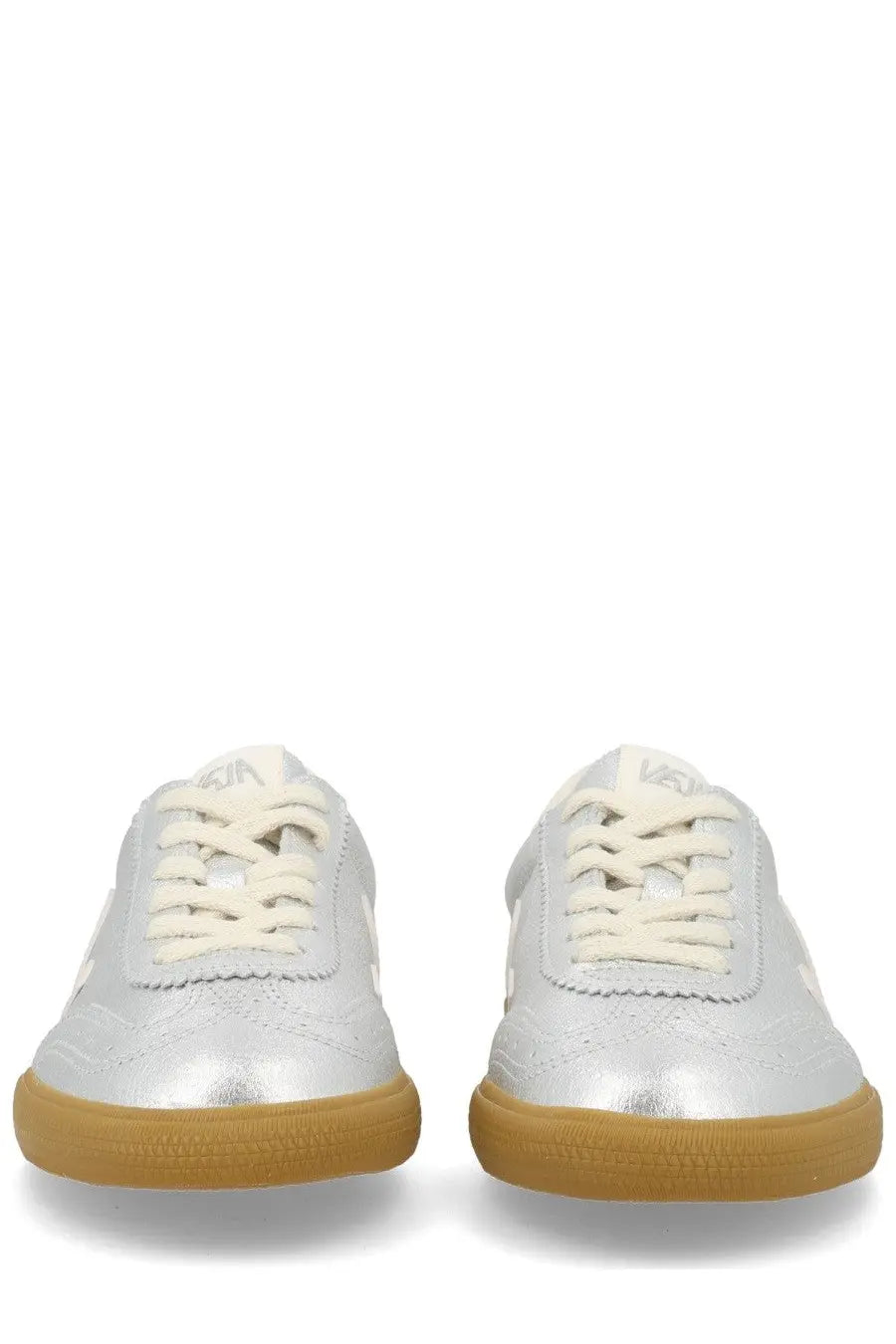 Veja unisex sneaker volley silver featuring silver metallic leather with cream laces and tan rubber sole