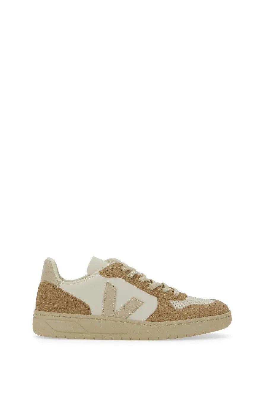 Beige and cream suede low-top veja unisex sneaker with minimalist v-shaped logo on the side in white color