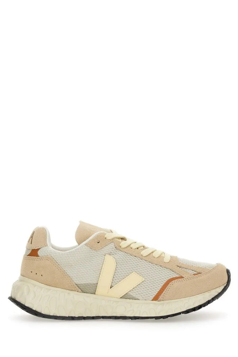 Veja women’s condor royale sneaker in beige and cream mesh and suede with off-white v-shaped logo and orange stitching