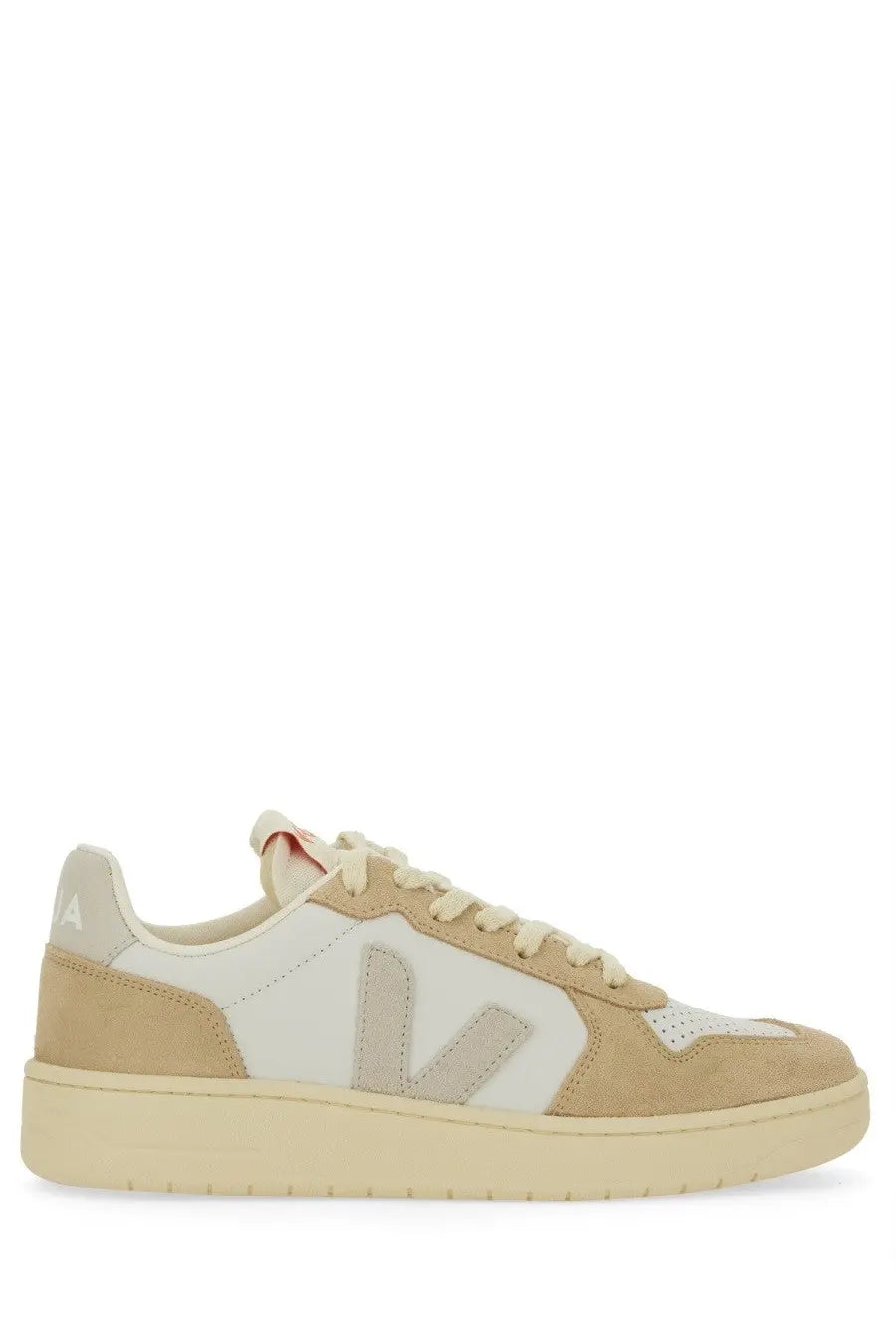 Veja women’s sneaker beige low-top beige and white suede with minimalist v-shaped logo on the side
