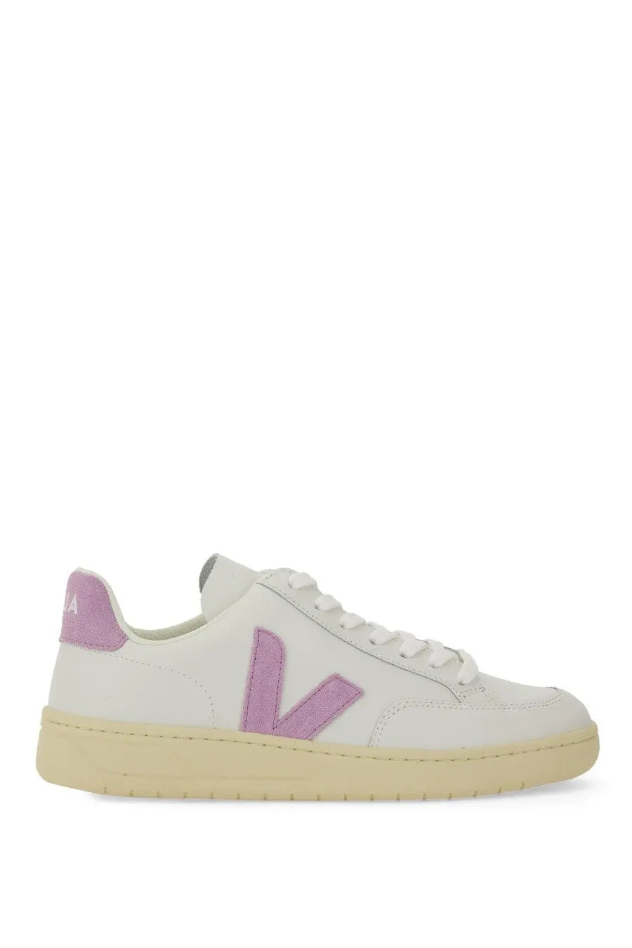 Veja women’s sneaker in white leather with soft lavender v logo and heel tab and cream rubber sole