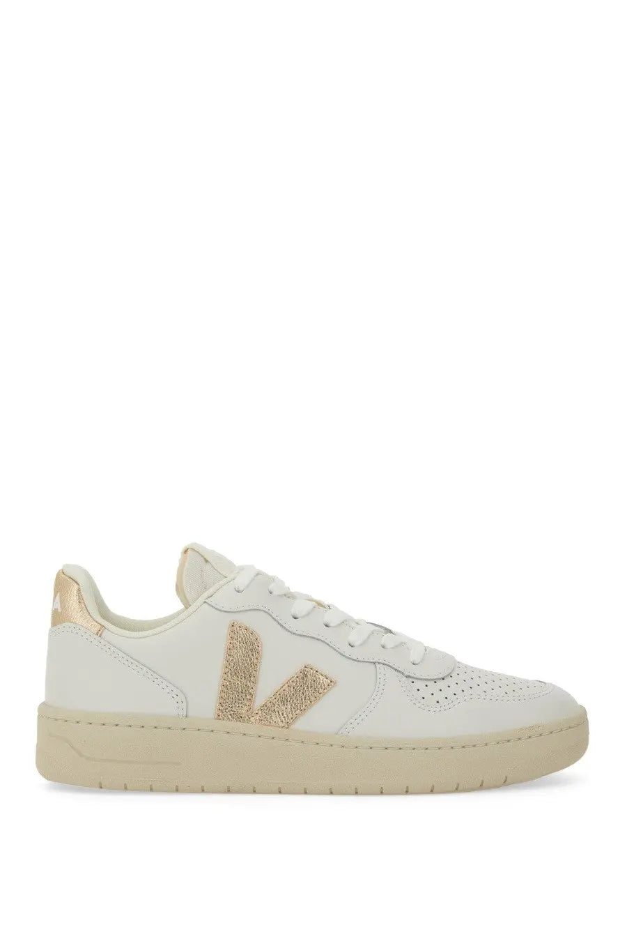 Veja women’s cream leather sneaker with metallic gold v logo and gold accents on heel tab