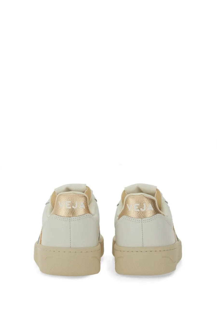 Veja women’s sneaker white cream leather with metallic gold heel tab and matching stitching details back view