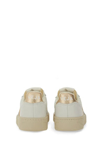 Veja women’s sneaker white cream leather with metallic gold heel tab and matching stitching details back view