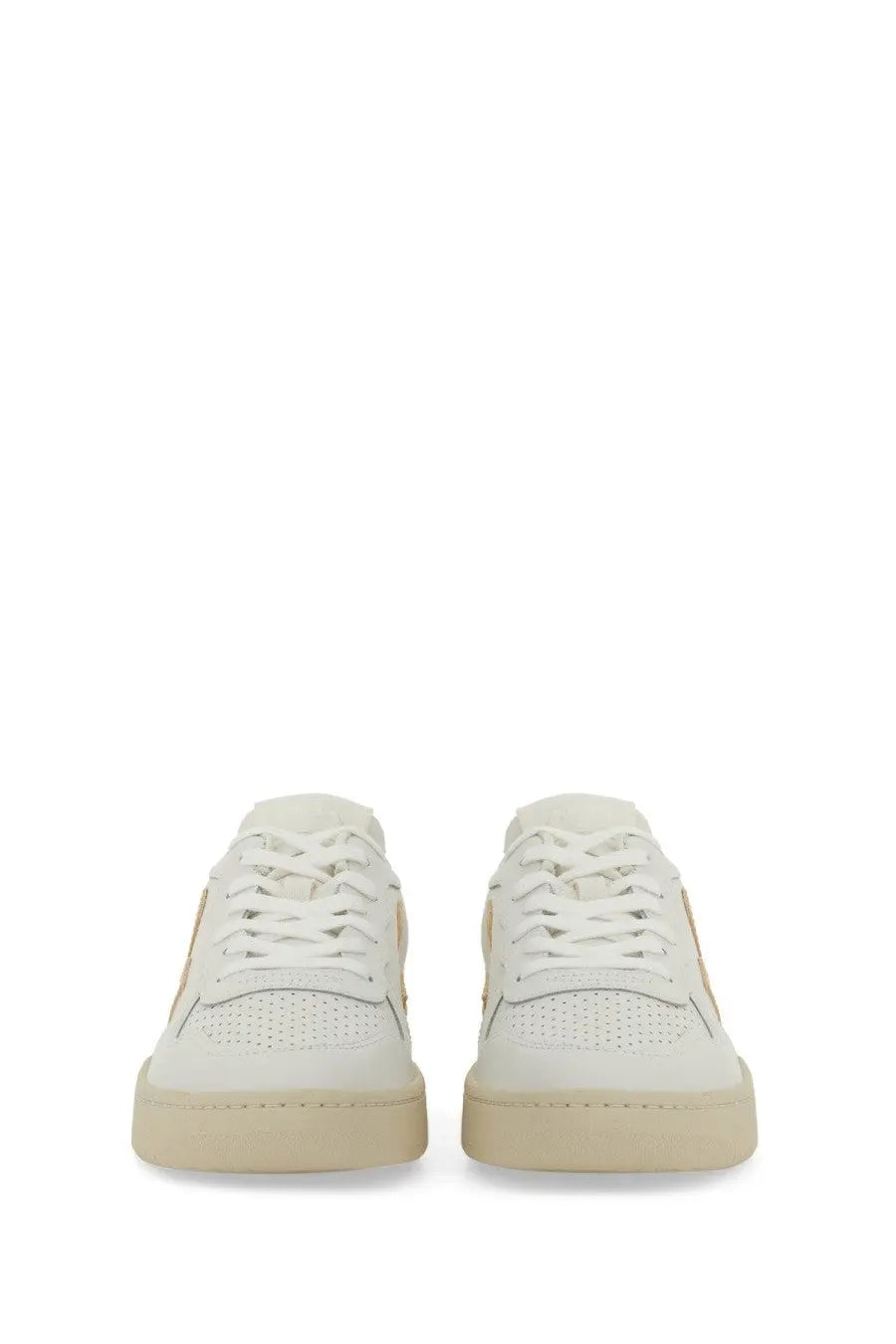 Veja women’s sneaker white low-top white leather with beige rubber soles and subtle gold-tone branding on the side