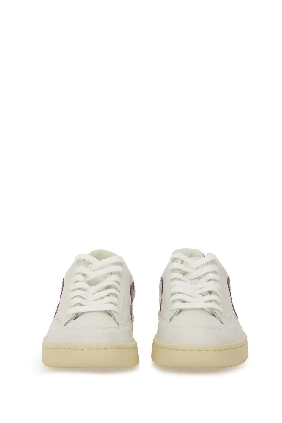 Veja women’s sneaker white low-top white leather with subtle purple side accents and cream rubber sole