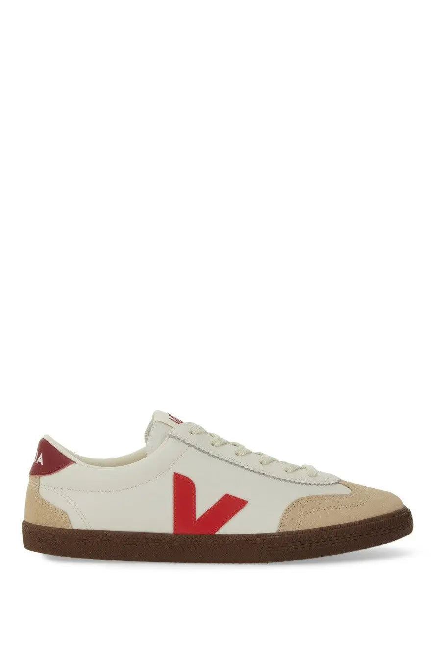 Veja women’s volley sneaker multicolor white and beige suede low-top with red v logo and brown rubber sole