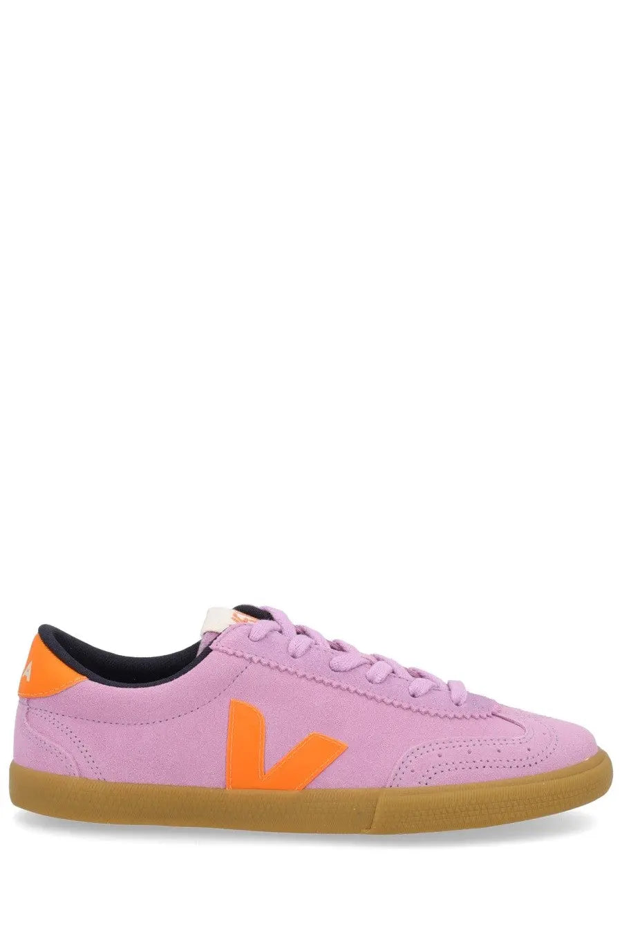 Veja women’s volley sneaker purple pink suede with bold orange v logo and gum rubber sole low-top design