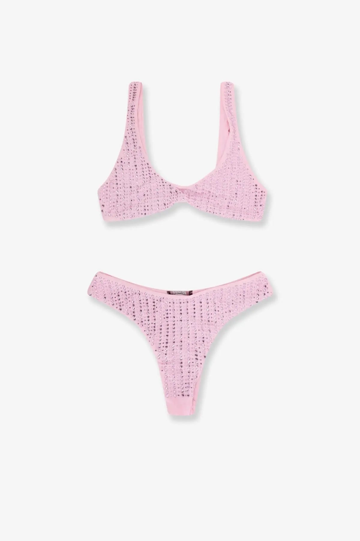 Pink crochet bikini set with textured openwork pattern in nylon con strass all over red by venuja women