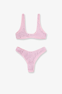 Pink crochet bikini set with delicate openwork pattern nylon con strass all over red by venuja women