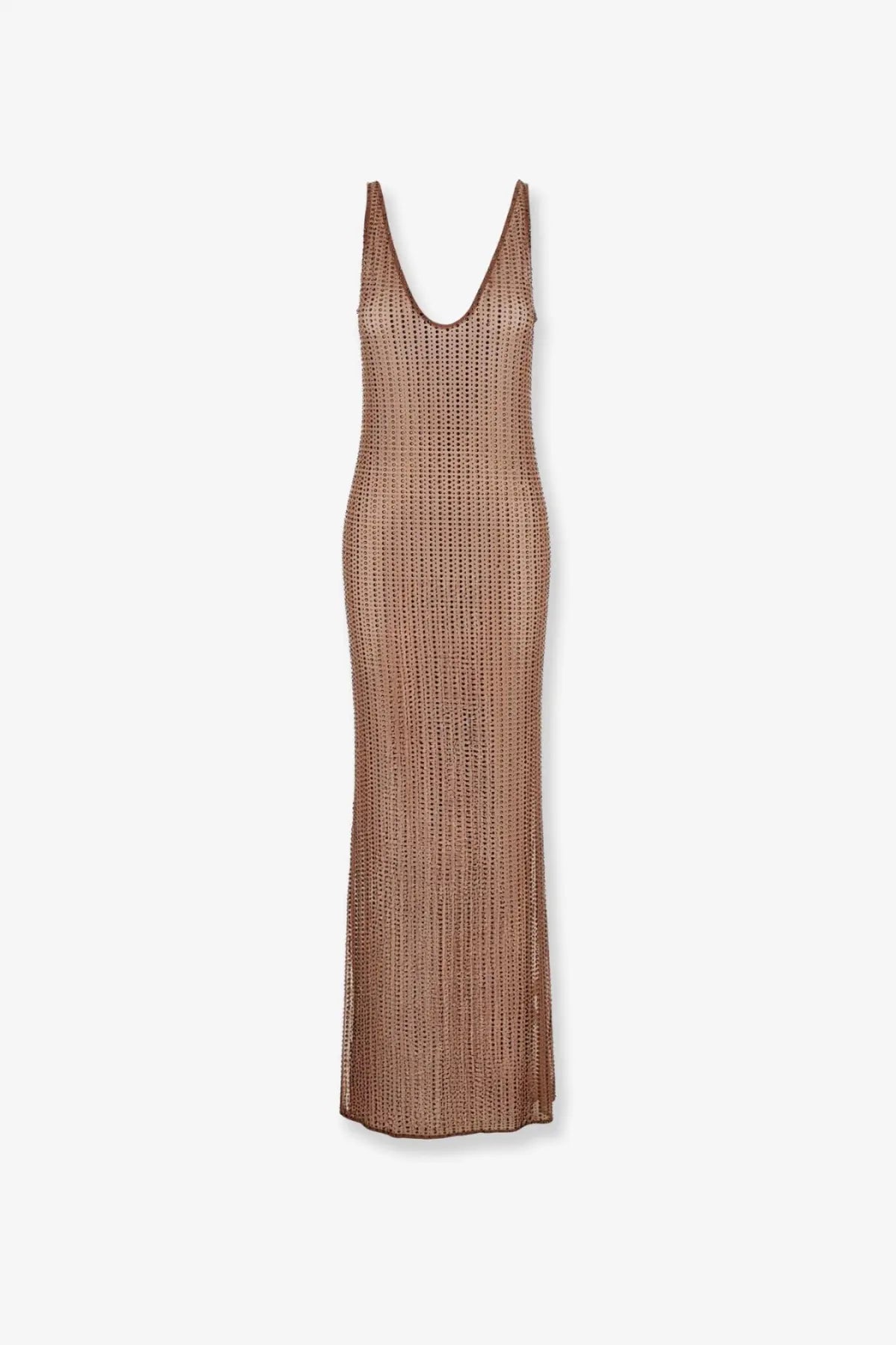 Venuja women’s crystal maxi dress brown is a long sleeveless taupe knit dress with deep v-neckline and ribbed texture