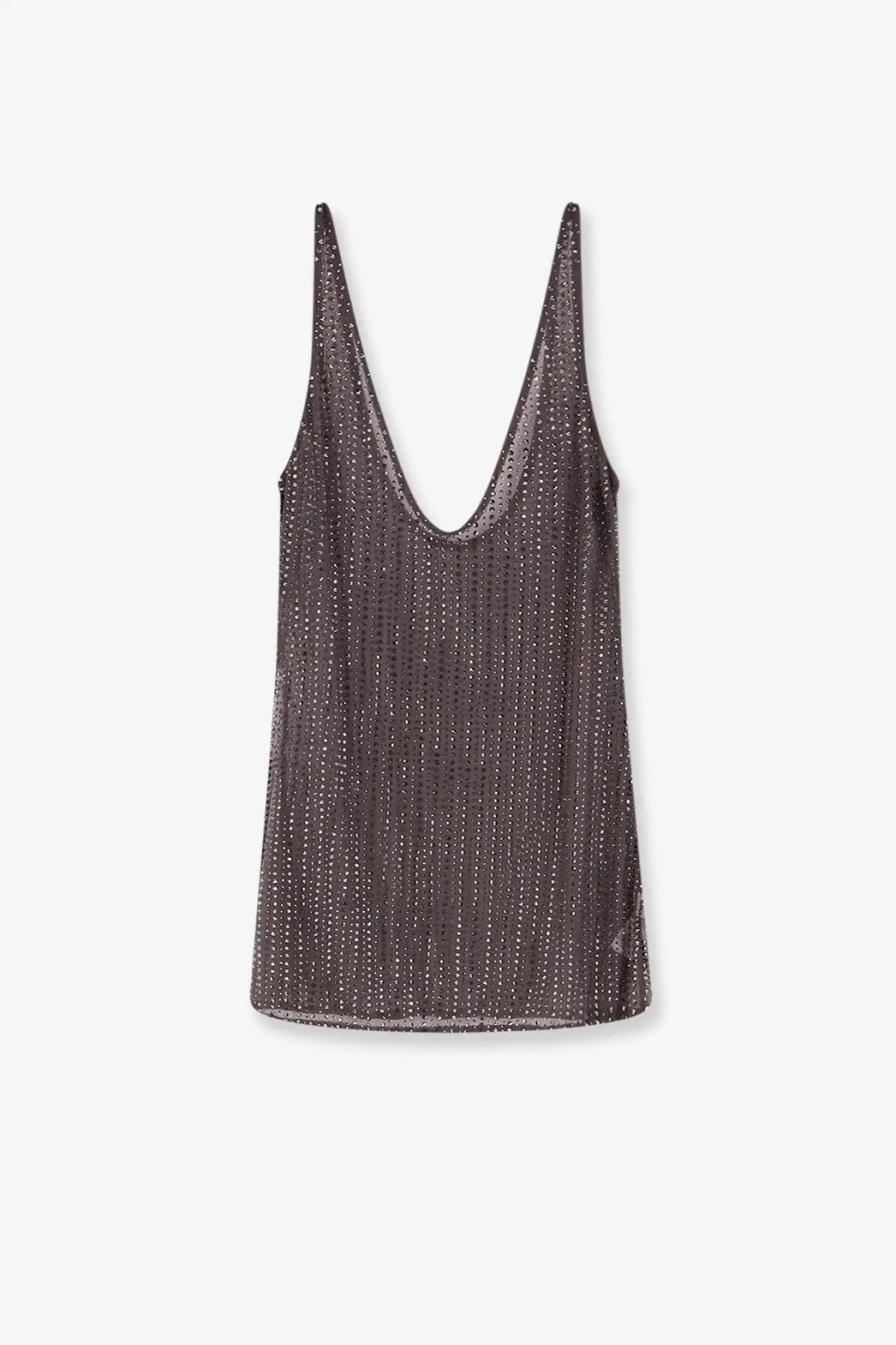 Venuja women’s crystal short dress with a shimmering dark gray sequined tank top featuring thin straps and a deep v-neckline