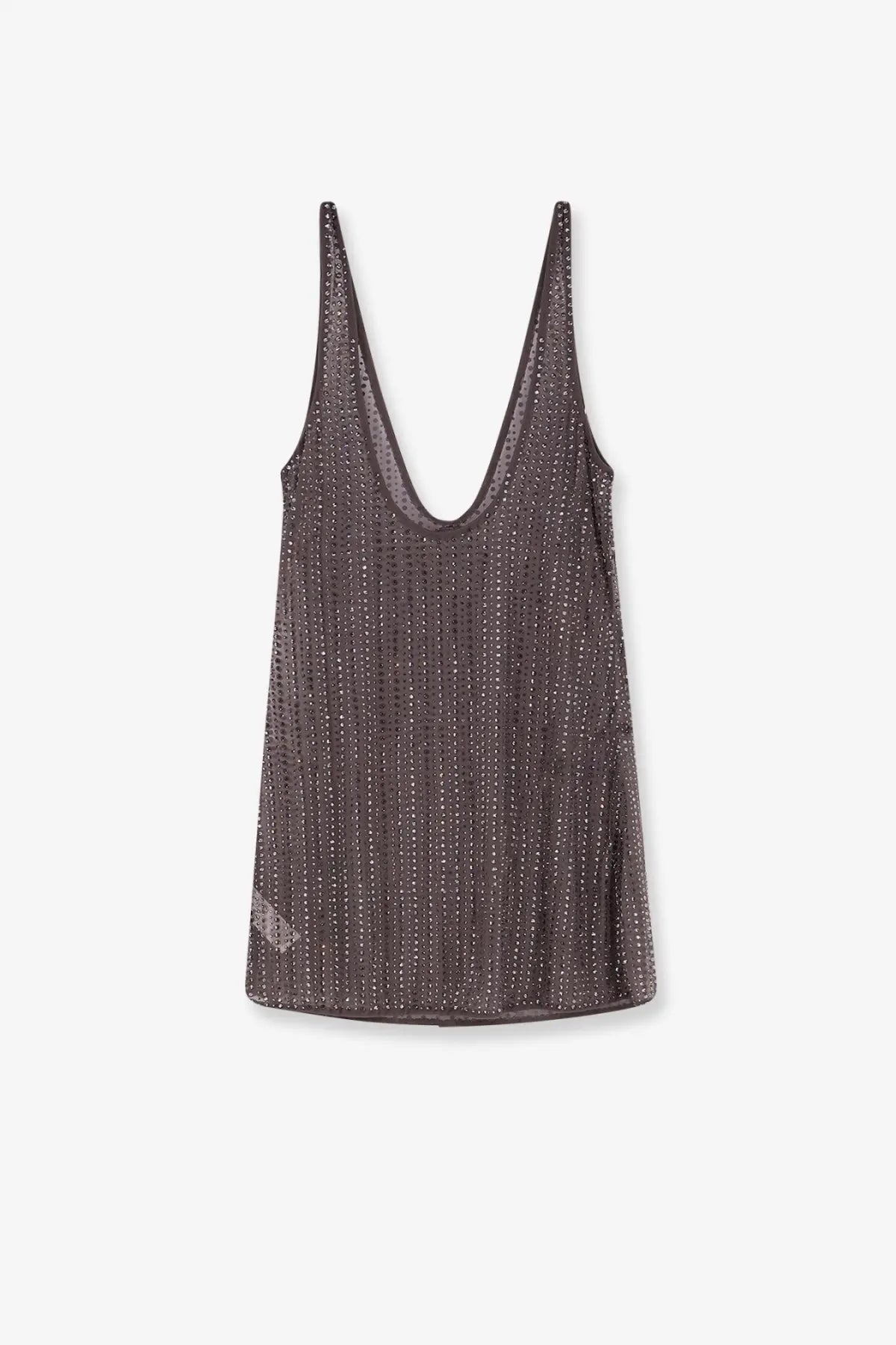 Dark gray sheer mesh tank top with tiny metallic studs from venuja women’s crystal short dress eiffel collection