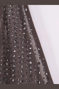 Venuja women’s crystal short dress eiffel with sheer dark gray mesh fabric and sparkling silver rhinestones