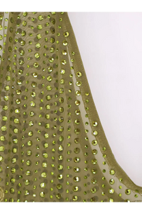 Venuja women’s crystal short dress in shimmering olive green mesh fabric with faceted sequins catching the light
