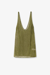 Venuja women’s crystal short dress green featuring olive green sequined mesh tank top with thin straps and deep v neckline