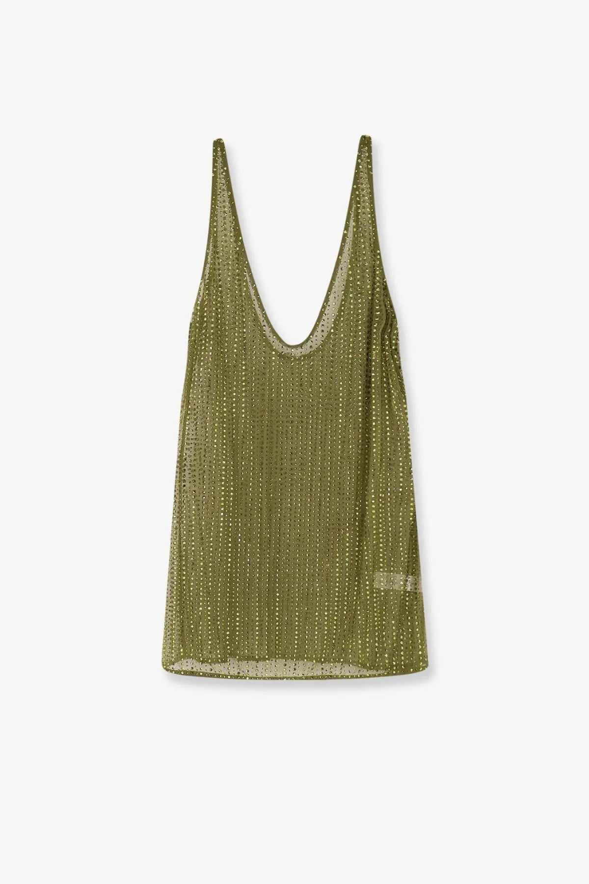 Venuja women’s crystal short dress green featuring an olive green sequined mesh tank top with thin straps and deep v neckline