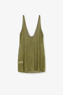 Venuja women’s crystal short dress green olive green sequined mesh tank top with deep v-neckline and thin straps