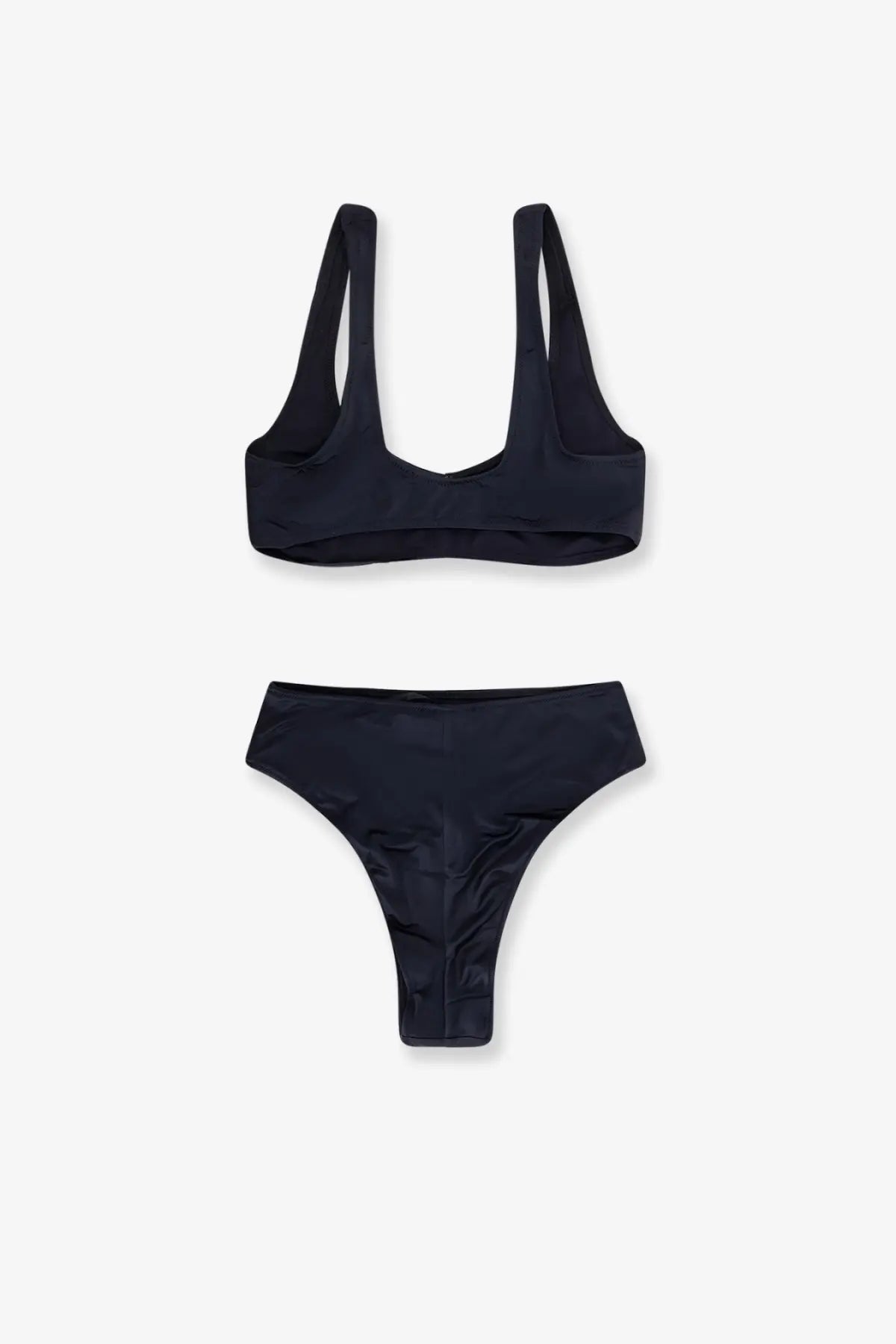 Black high-waisted bikini set by venuja featuring a sleek minimalist design and smooth nylon fabric finish