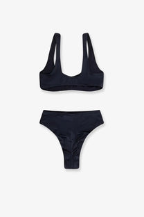 Venuja women’s black high-waisted bikini set with sleek minimalist design made from smooth nylon fabric
