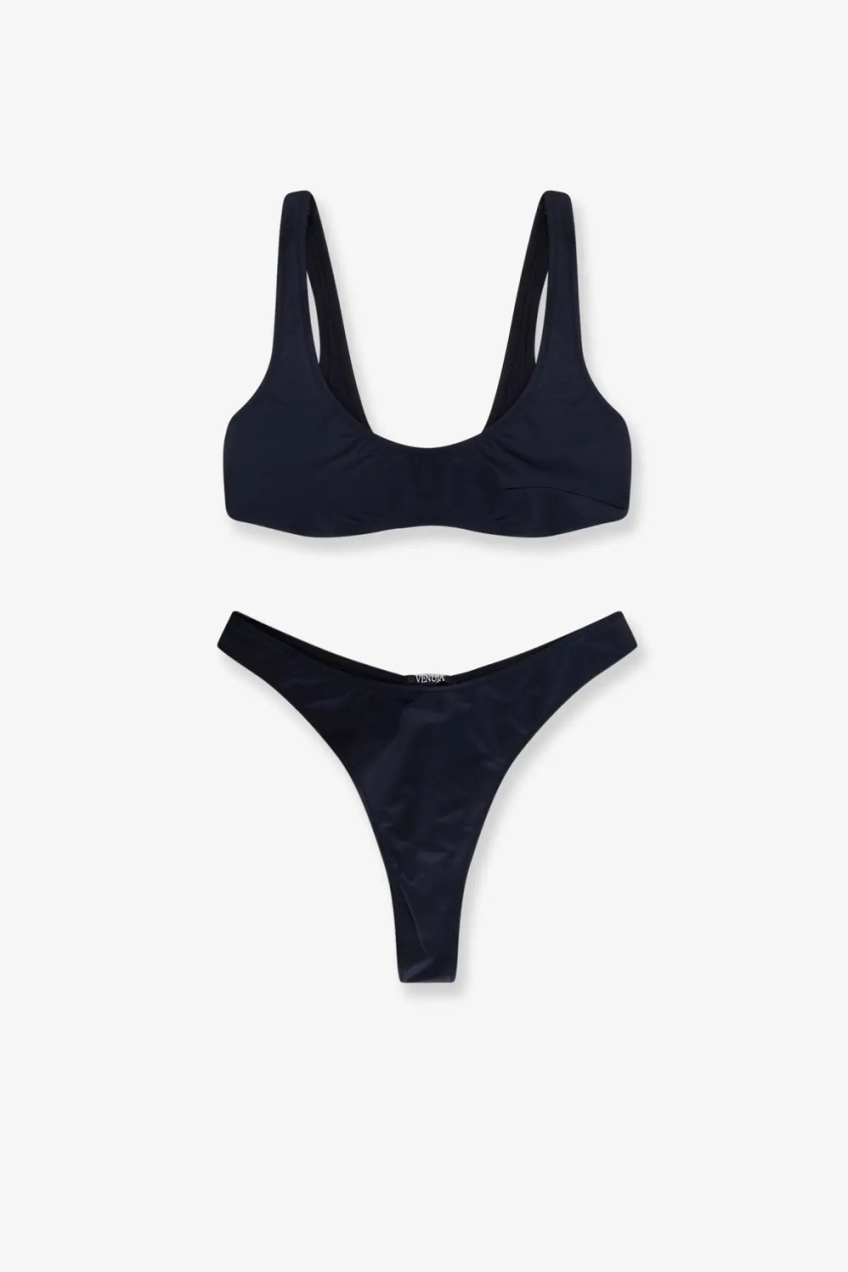 Venuja women’s nylon bikini in black with a sleek minimalist design and thin straps for a form-fitting look