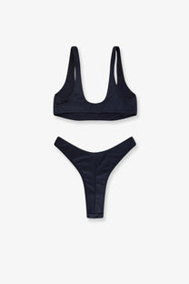Venuja women’s black nylon one-piece bikini with sleek minimalist design and smooth fabric front view